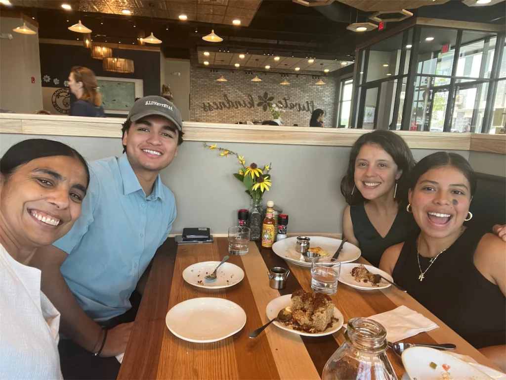 Diego Carillo Garcia, Monica Kumar, Margot Lemaster, and  Laura Gutierrez at lunch.